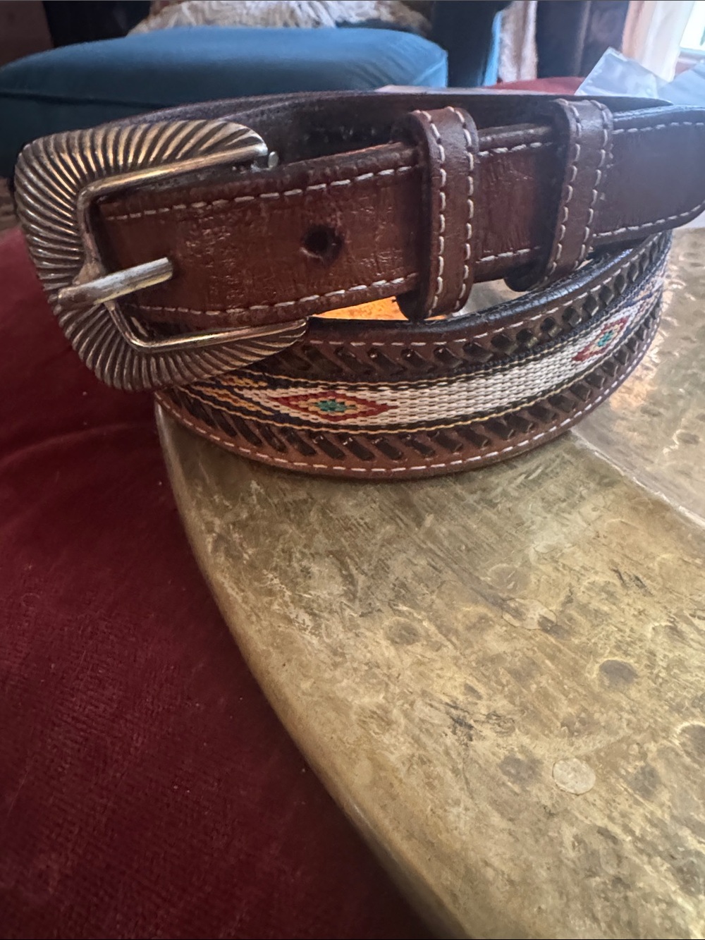 Tony Lama Brown Leather Belt with Woven Southwestern Inlay and Silver Buckle
